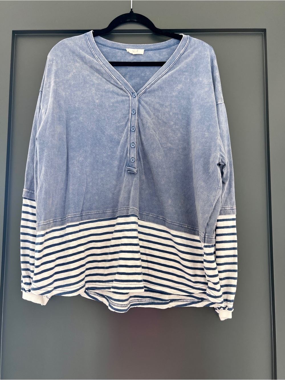 Easel Oversized Blue Striped V-Neck Pullover Tunic 100% Cotton Size Small